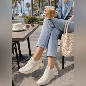 Mark Nason Knit Slip-On Sneakers Cream Gold Hidden Wedge Comfort Size 10